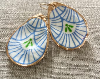 Handmade Oyster Shell Earrings – The Lily Blue & White Print w/Gold Edge, 14k Gold Fill