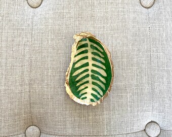 Handmade Oyster Trinket Dish – Green Leaf Print, Gold Edge