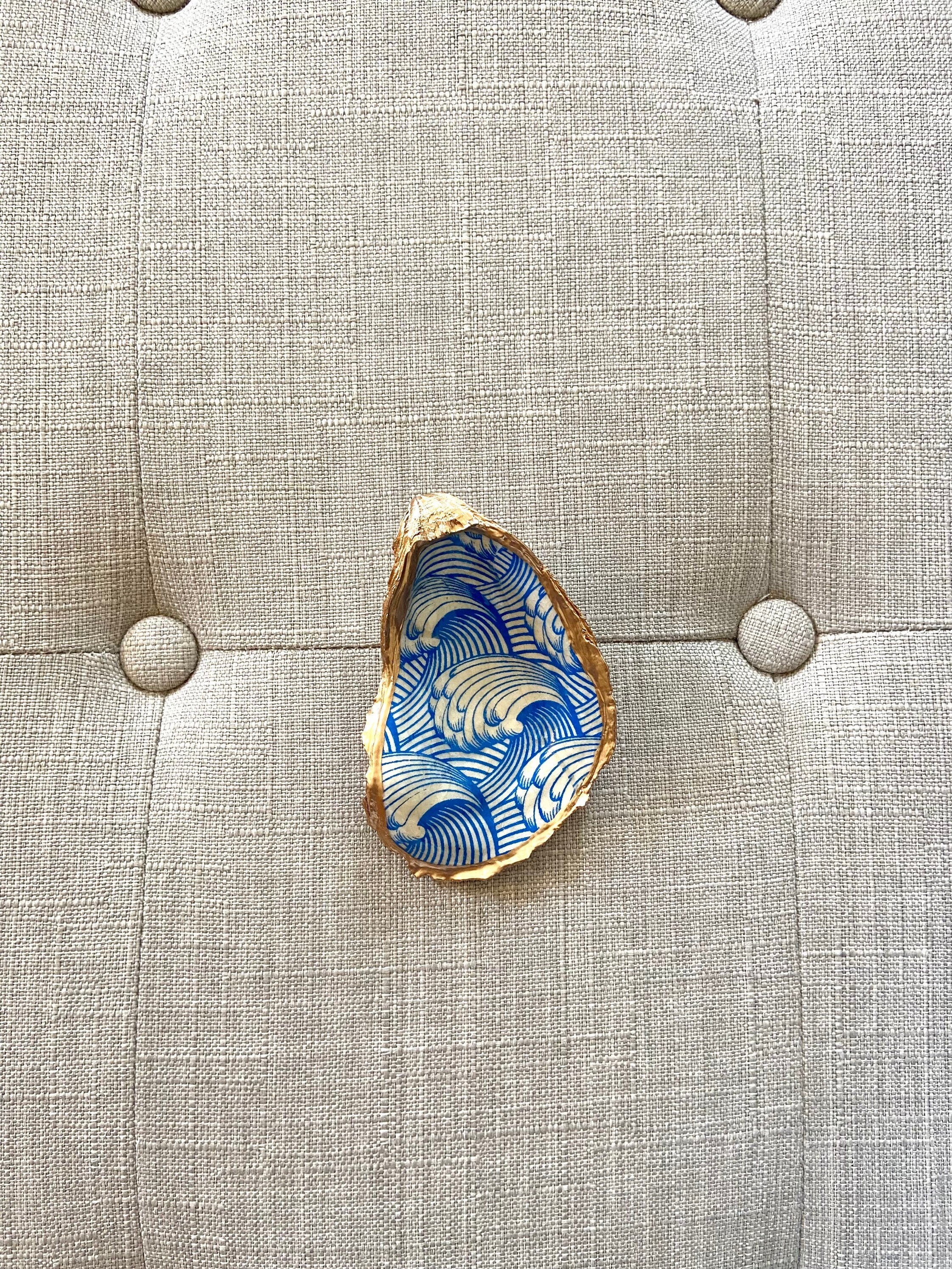 The Nicolette Print - Low Tides Design Oyster trinket/ring dish Blue & White Wave Print w/gold edge
