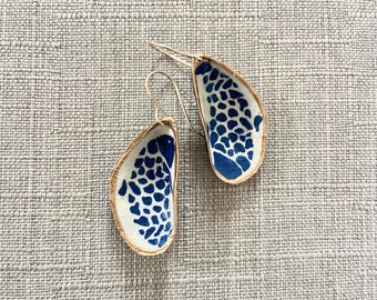 Handmade Mussel Shell Earrings – The Maris Blue Fish Print w/ Gold Edge