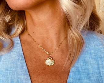 Scallop Pendant on 15” 14k gold filled paperclip chain