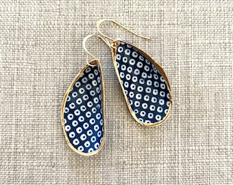 Handmade Mussel Shell Earrings - The Ada Print Navy & White dot Print Paper w/Gold Edge