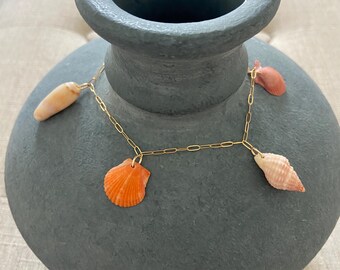 Old Naples Anklet - 5 tiny shells hang on 14k gold filled paperclip chain