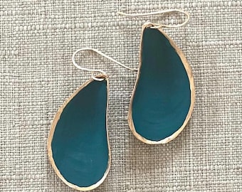 Handmade Mussel Shell Earrings – The Isla Matte Deep Green w/Gold Edge, 14k Gold Fill