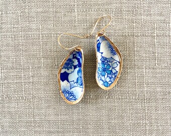 Mussel Shell Earrings - The Skyla Print Handmade Blue & White Floral Paper, 14k Gold Fill