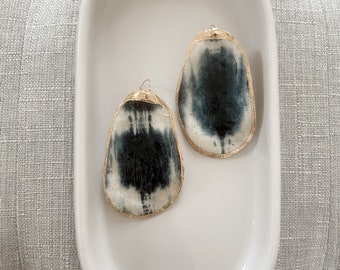 The Shiloh on The Sakonnet Drop - Oyster Shell Lid Earrings in a Nepalese Lotka Paper in a deep Blue Shibori Print w/Gold Edge
