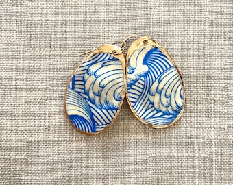 Handmade Oyster Shell Earrings - The Nicolette Blue Wave Print -Gold Edge, 14k Gold Fill