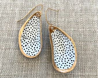 Handmade Mussel Shell Earrings – Black & White Polka Dot, Gold Edge