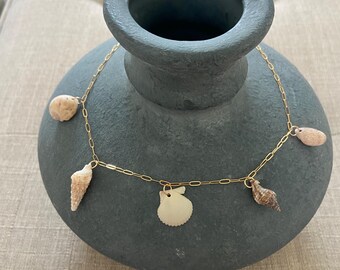 Old Naples Necklace - 5 tiny shells hang on 14k gold filled paperclip chain