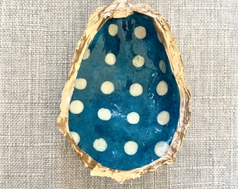 The Bella Blue - Low Tides Design Oyster trinket/ring dish Blue & White Polka Dot Print w/gold edge