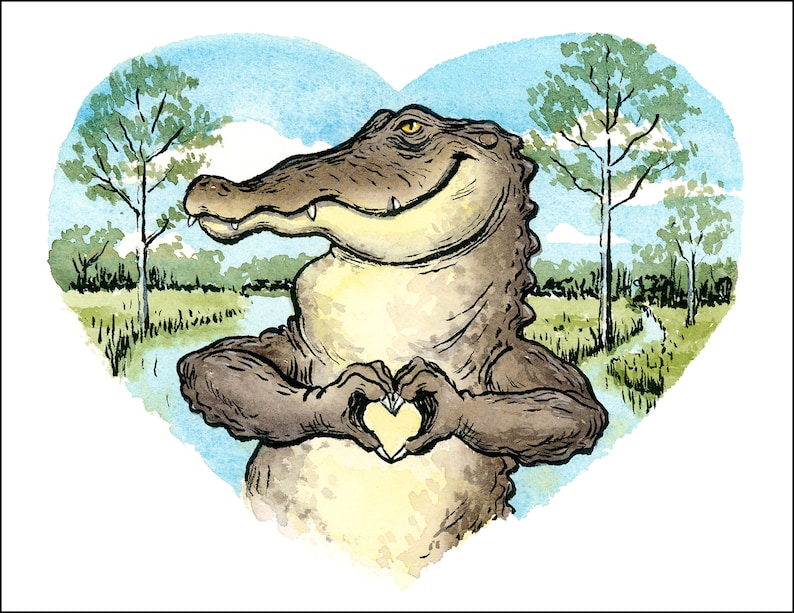 May include: A cartoon alligator with a toothy grin is standing in a swampy landscape. The alligator is making a heart shape with its hands, and there is a yellow heart in the center of the heart shape.