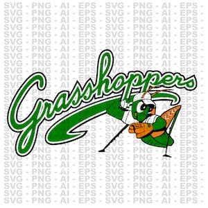 May include: A green and white logo with the word "Grasshoppers" in a green cursive font. A cartoon grasshopper wearing a baseball uniform is swinging a bat.