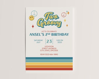 Two Groovy Retro Stripes for Boy or Girl Birthday Party Invitation for digital invites or Printing 4x6 or 5x7