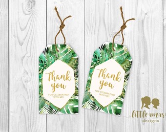 Thank You Tags Aloha Tropical Leaves Theme with Gold Geometric Frame Digital Printable Download