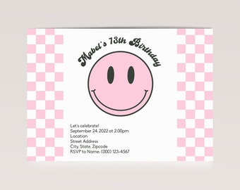 Pink Checkered Smiley Face Invite for Girl Tweens and Teens Birthday Party Invitations - Digital