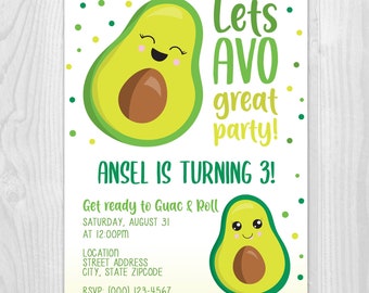 Avocado Birthday Party Digital Printable Invitation 5x7 or 4x6 With or Without Picture