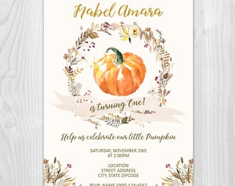 Autumn Floral Pumpkin Theme Fall Birthday Party Invitation Digital 4x6 or 5x7