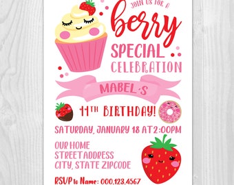Kawaii Pink and Red Strawberry Treats with Cute Faces Birthday Party Printable Invitation in 4x6 or 5x7 with choice of Including Picture