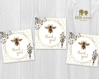 Gold and Black Bumble Bee Thank You Square Tags, Hexagon and Flowers Bee Theme Digital Printable File