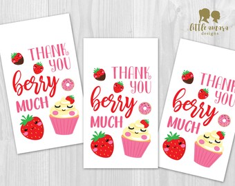 Pink and Red Kawaii Cute Faces Strawberry Birthday Party Thank You Tags For Girls Digital Printable PDF