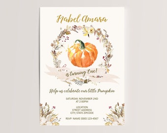 Autumn Floral Pumpkin Theme Fall Birthday Party Invitation Digital 4x6 or 5x7