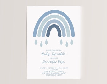 May include: A blue and white baby shower invitation featuring a rainbow and raindrops. The invitation reads "Please join us for a Baby Sprinkle honouring Jennifer Rose".