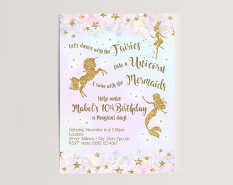 Fairies, Unicorns and Mermaids Pastel Gold Glitter Stars Magical Birthday Party Invitation for Girls 4x7 or 5x7 with or without Picture