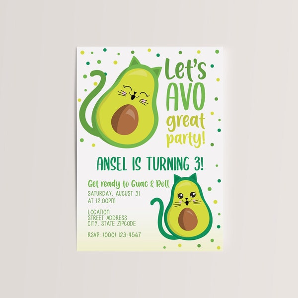 Avogato Avocado Cats Birthday Party Digital Printable Invitation 5x7 or 4x6 With or Without Picture