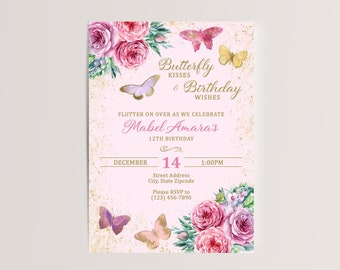 Butterfly Garden Floral and Gold Birthday Party Invitation 4x6 or 5x7 with or without Picture Printable DIY