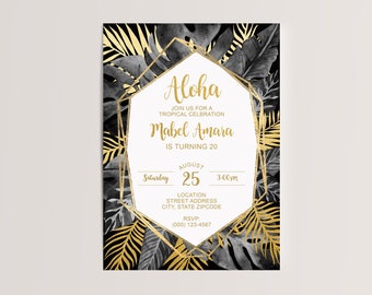 May include: A tropical-themed invitation with gold foil accents and black and white palm leaves. The invitation reads "Aloha" and "Join us for a Tropical Celebration Mabel Amara is turning 20" with the date and time of the event.