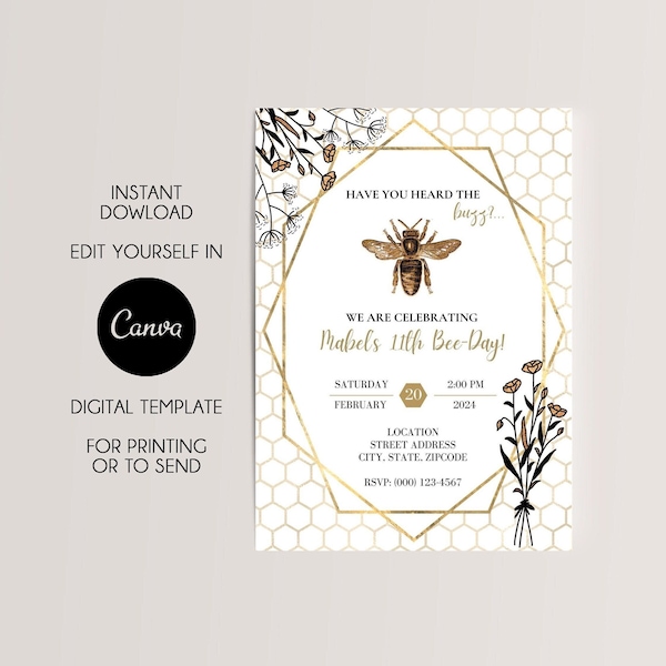 Invitation de fête d'anniversaire bourdon noir et or, hexagone et fleurs modèle d'invitation numérique modifiable 5 x 7