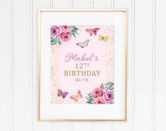 Pink Butterfly Garden Floral and Metallic Gold Birthday Party Poster Sign Printable DIY