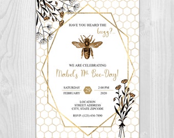 Gold and Black Bumble Bee  Birthday Party Invitation, Hexagon and Flowers Bee-Day Theme 4x6 or 5x7 Digital Printable Invite with or w/o PIC
