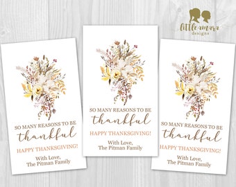 Boho Leaves and Flowers Foliage Reasons to be Thankful Happy Thanksgiving Treat Bag Tags Personalized 2"x3.5" Printable DIY in PDF and JPG