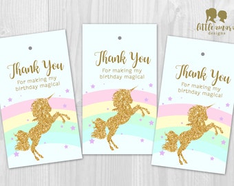 Thank You Tags Gold Glitter Unicorn Rainbow Digital Printable PDF Download