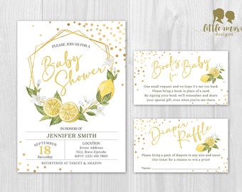 Geometric Yellow Lemons Wreathe Baby Shower Printable Invitation in 4x6 or 5x7 with Diaper Raffle Tickets and Books for Baby Cards