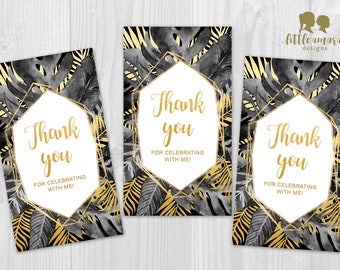 Thank You Tags Aloha Black and Gold Tropical Leaves Theme with Geometric Frame Digital Printable Download