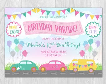 Girls Drive By Car Parade Birthday Party Celebration Invitation 5x7 or 4x6 Digital You Print Invite