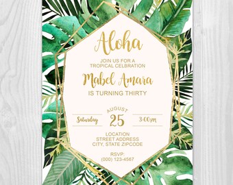 Tropical Leaves with Gold Geometric Frame Hawaiian Theme Invitation Digital Printable Invite Adults or Kids Any Age 4x6 or 5x7