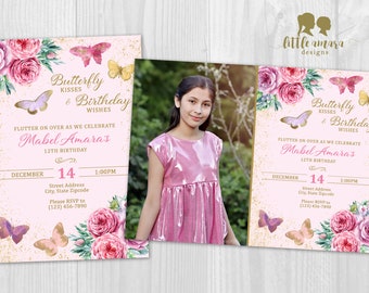 Butterfly Garden Floral and Gold Birthday Party Invitation 4x6 or 5x7 with or without Picture Printable DIY