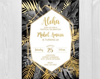 Black and Gold Tropical Leaves with Geometric Frame Hawaiian Theme Invitation Digital Printable Invite Adults Any Age 4x6 or 5x7