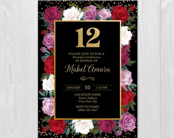Red Pink White with Black Background - Roses Floral Theme Invitation with Gold Frame and Sparkles - Printable Digital Invite in 4x6 or 5x7