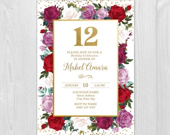 Roses Red Pink White Floral Theme Invitation with Gold Frame and Sparkles - Printable Digital Invite in 4x6 or 5x7