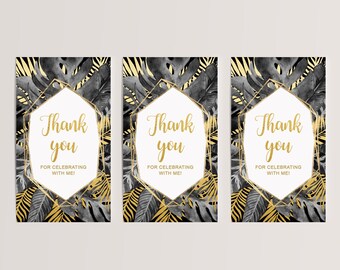 Thank You Tags Aloha Black and Gold Tropical Leaves Theme with Geometric Frame Digital Printable Download