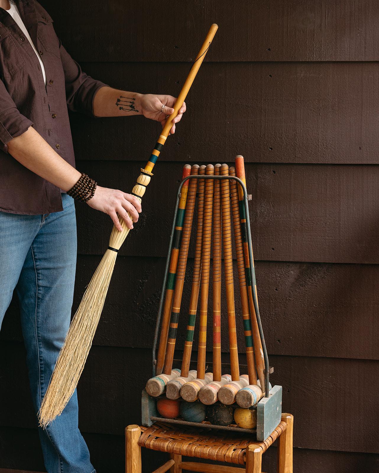 Vintage Wooden Croquet Mallet Handled Cobwebber - Broom, Besom, Natural Broomcorn, Functional Art, Rustic Home Decor, Appalachian, Cleaning