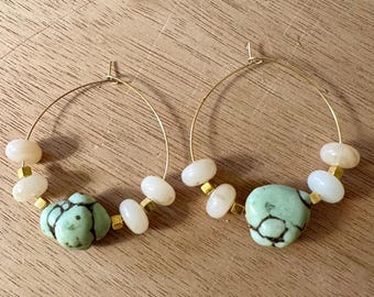 Seafoam turquoise and Gold Upcycled beaded hoop earrings