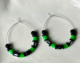 Black and Green Modern Upcycled beaded hoop earrings
