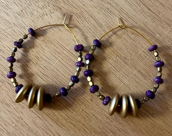 Purple and Gold disk Upcycled beaded hoop earrings