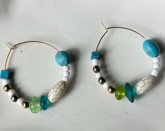 Turquoise Upcycled beaded hoop earrings