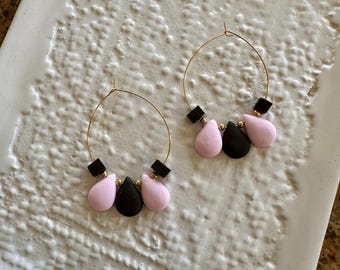 Light Pink and Brown gold tear drop hoop earrings